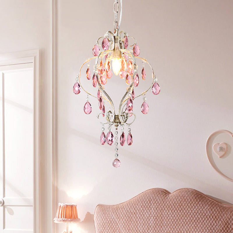 Lantern Ceiling Pendant Light Classic Metal 1-Head Suspension Lamp in Distressed White with Crystal Accents Clearhalo 'Ceiling Lights' 'Pendant Lights' 'Pendants' Lighting' 1503065