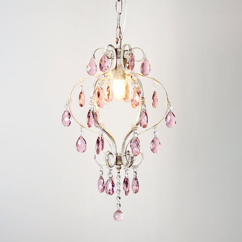 Lantern Ceiling Pendant Light Classic Metal 1-Head Suspension Lamp in Distressed White with Crystal Accents Clearhalo 'Ceiling Lights' 'Pendant Lights' 'Pendants' Lighting' 1503066