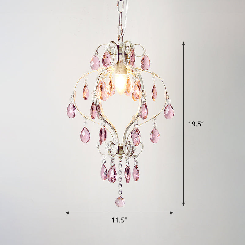 Lantern Ceiling Pendant Light Classic Metal 1-Head Suspension Lamp in Distressed White with Crystal Accents Clearhalo 'Ceiling Lights' 'Pendant Lights' 'Pendants' Lighting' 1503068