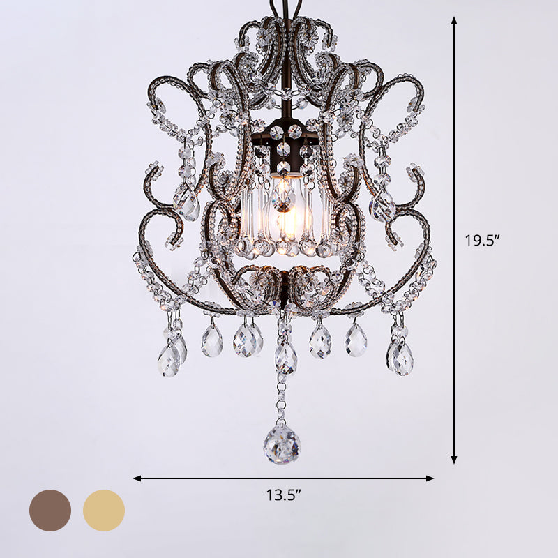 1-Head Lantern Down Lighting Contemporary Beveled Crystal Suspension Light in Champagne/Coffee with Curvy Arm Clearhalo 'Ceiling Lights' 'Modern Pendants' 'Modern' 'Pendant Lights' 'Pendants' Lighting' 1503076