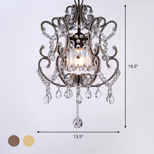 1-Head Lantern Down Lighting Contemporary Beveled Crystal Suspension Light in Champagne/Coffee with Curvy Arm Clearhalo 'Ceiling Lights' 'Modern Pendants' 'Modern' 'Pendant Lights' 'Pendants' Lighting' 1503076