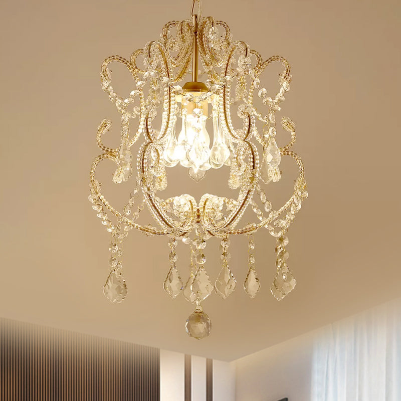 1-Head Lantern Down Lighting Contemporary Beveled Crystal Suspension Light in Champagne/Coffee with Curvy Arm Champagne Clearhalo 'Ceiling Lights' 'Modern Pendants' 'Modern' 'Pendant Lights' 'Pendants' Lighting' 1503077