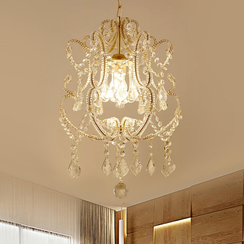 1-Head Lantern Down Lighting Contemporary Beveled Crystal Suspension Light in Champagne/Coffee with Curvy Arm Clearhalo 'Ceiling Lights' 'Modern Pendants' 'Modern' 'Pendant Lights' 'Pendants' Lighting' 1503078