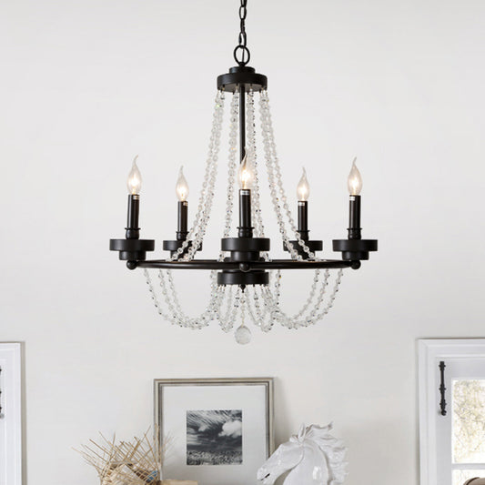 Metallic Candlestick Suspension Lamp Retro 5-Light Restaurant Hanging Chandelier in Black with Crystal Strand Clearhalo 'Ceiling Lights' 'Chandeliers' Lighting' options 1503123