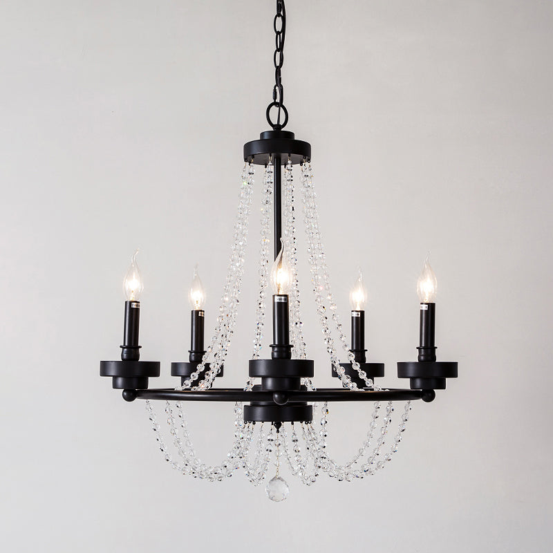 Metallic Candlestick Suspension Lamp Retro 5-Light Restaurant Hanging Chandelier in Black with Crystal Strand Clearhalo 'Ceiling Lights' 'Chandeliers' Lighting' options 1503124