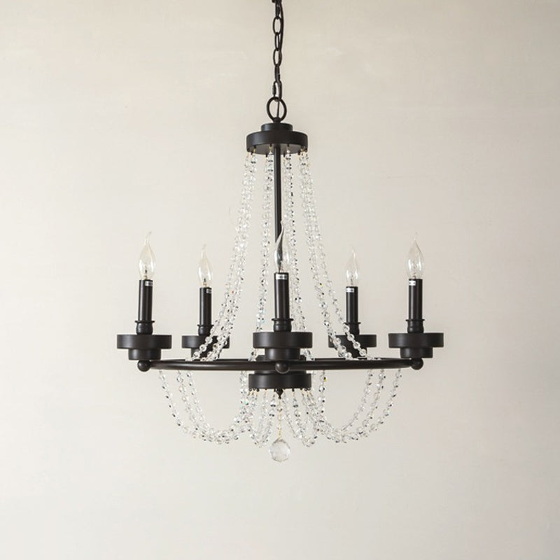 Metallic Candlestick Suspension Lamp Retro 5-Light Restaurant Hanging Chandelier in Black with Crystal Strand Clearhalo 'Ceiling Lights' 'Chandeliers' Lighting' options 1503125