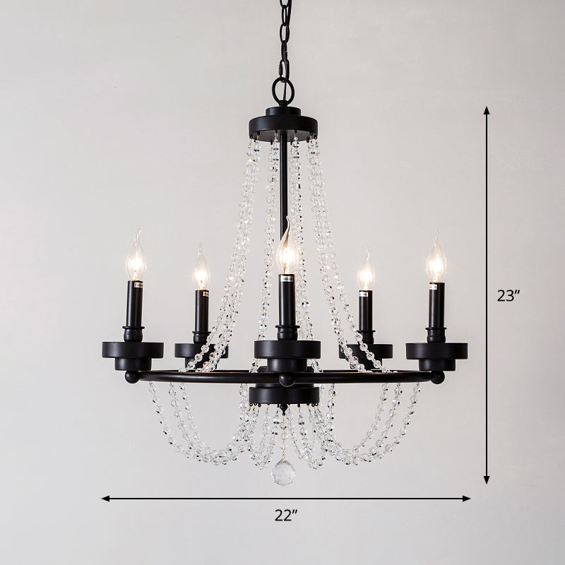 Metallic Candlestick Suspension Lamp Retro 5-Light Restaurant Hanging Chandelier in Black with Crystal Strand Clearhalo 'Ceiling Lights' 'Chandeliers' Lighting' options 1503126