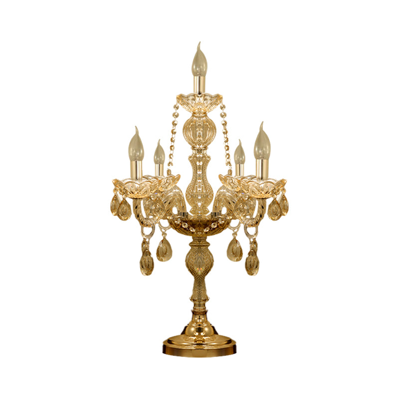 5/6 Heads Candelabra Table Light Traditional Gold Crystal Droplets Nightstand Lamp with/without White Bell Fabric Shade Clearhalo 'Lamps' 'Table Lamps' Lighting' 1503147