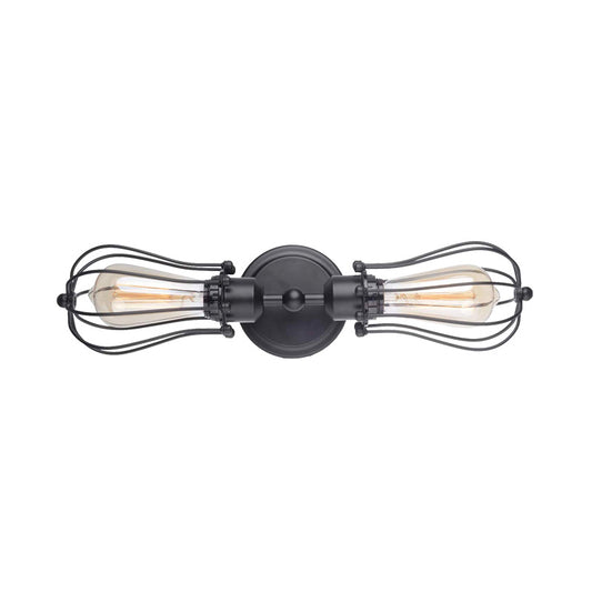 Caged Metal Wall Mounted Industrial 2-Bulb Dining Room Sconce Lighting in Matte Black Clearhalo 'Art deco wall lights' 'Cast Iron' 'Glass' 'Industrial wall lights' 'Industrial' 'Middle century wall lights' 'Modern' 'Rustic wall lights' 'Tiffany' 'Traditional wall lights' 'Wall Lamps & Sconces' 'Wall Lights' Lighting' 150314