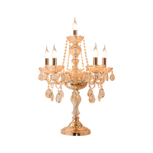 5/6 Heads Candelabra Table Light Traditional Gold Crystal Droplets Nightstand Lamp with/without White Bell Fabric Shade Clearhalo 'Lamps' 'Table Lamps' Lighting' 1503157