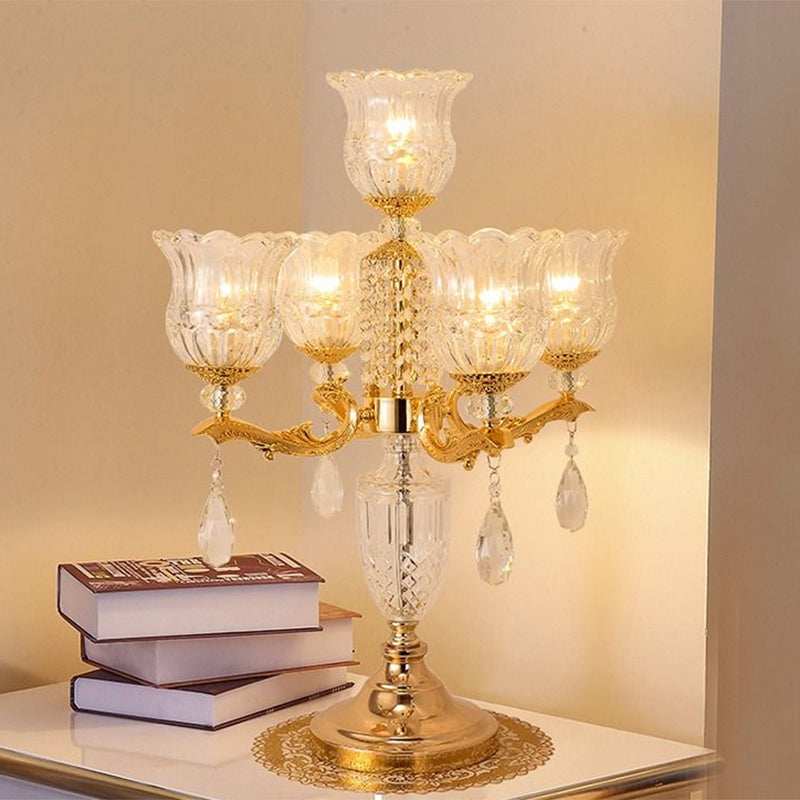 Gold Candelabra Nightstand Lamp Traditional Crystal Beads 5 Heads Bedroom Table Light with Clear Flower Shade Clear Clearhalo 'Lamps' 'Table Lamps' Lighting' 1503186