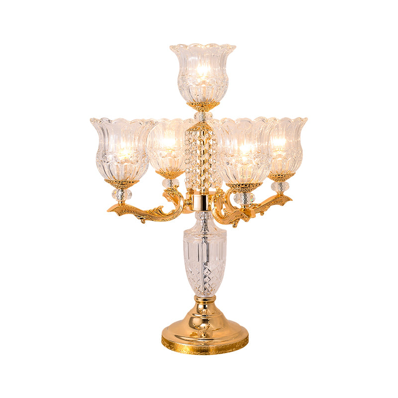 Gold Candelabra Nightstand Lamp Traditional Crystal Beads 5 Heads Bedroom Table Light with Clear Flower Shade Clearhalo 'Lamps' 'Table Lamps' Lighting' 1503188