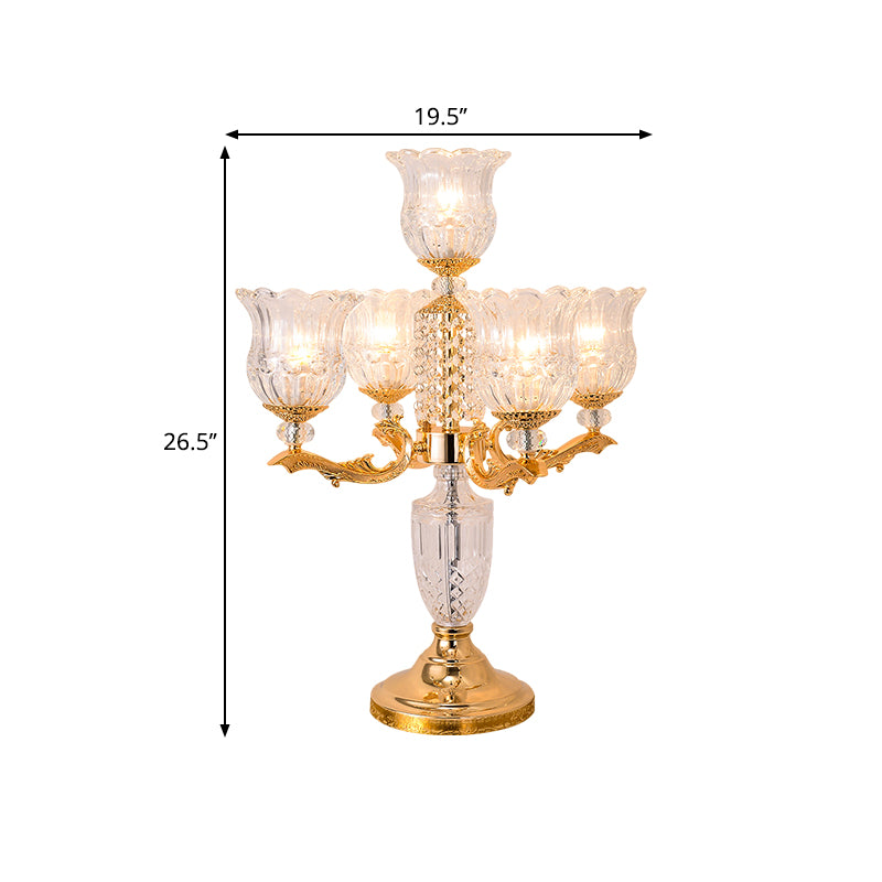 Gold Candelabra Nightstand Lamp Traditional Crystal Beads 5 Heads Bedroom Table Light with Clear Flower Shade Clearhalo 'Lamps' 'Table Lamps' Lighting' 1503189