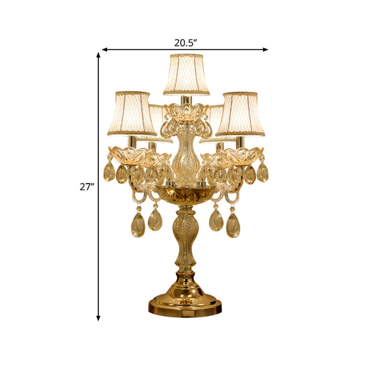 Gold 5/6/7 Bulbs Night Stand Lamp Traditional Clear Crystal Candlestick Table Light with White Bell Fabric Shade Clearhalo 'Lamps' 'Table Lamps' Lighting' 1503206