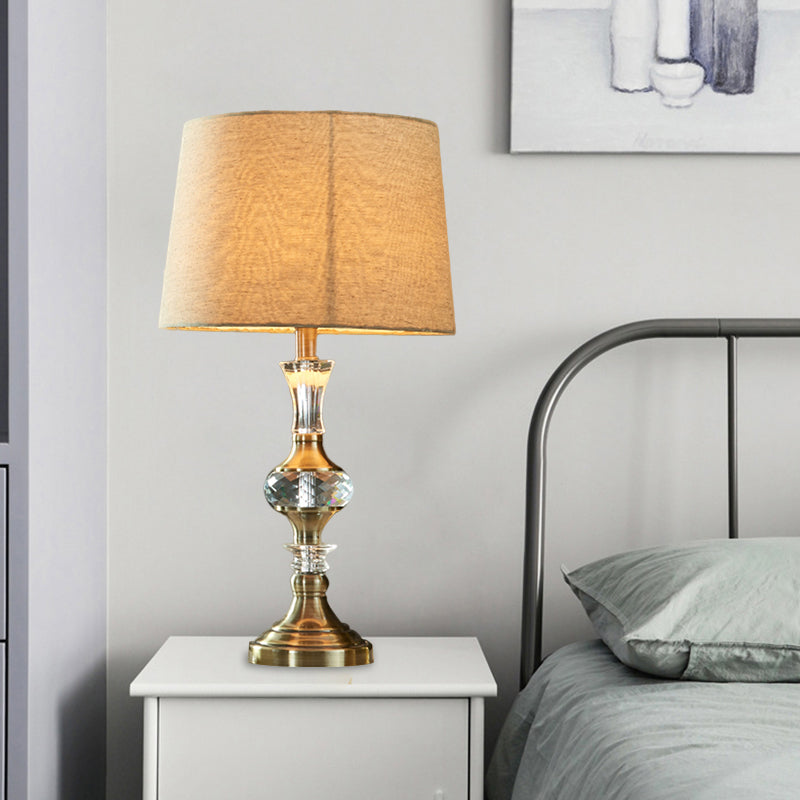 Fabric Beige Night Stand Lamp Tapered Pleated Shade 1 Bulb Traditional Table Light with Crystal Balls Chrome B Clearhalo 'Lamps' 'Table Lamps' Lighting' 1503226