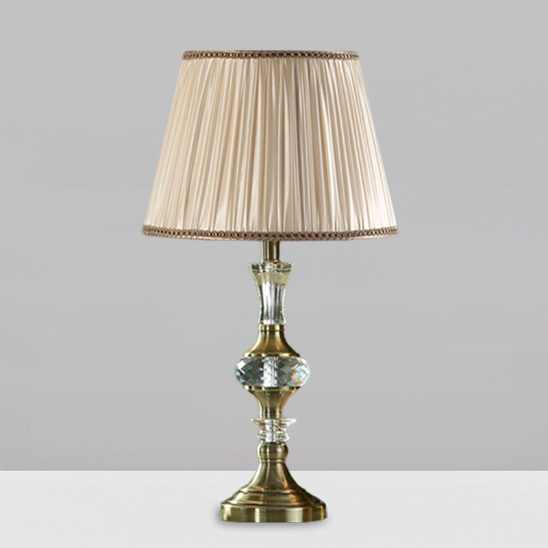 Fabric Beige Night Stand Lamp Tapered Pleated Shade 1 Bulb Traditional Table Light with Crystal Balls Clearhalo 'Lamps' 'Table Lamps' Lighting' 1503231