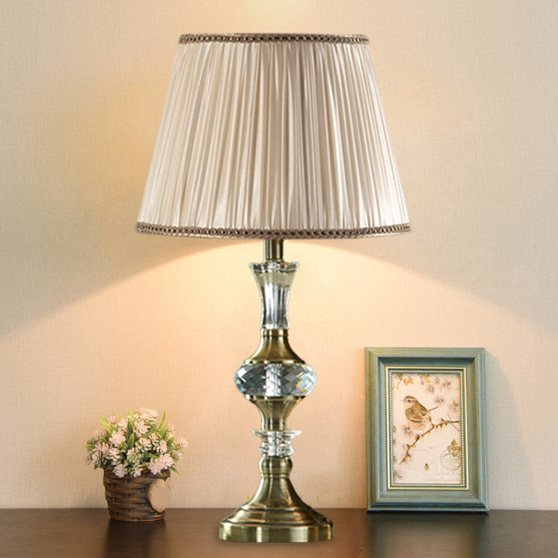 Fabric Beige Night Stand Lamp Tapered Pleated Shade 1 Bulb Traditional Table Light with Crystal Balls Clearhalo 'Lamps' 'Table Lamps' Lighting' 1503232