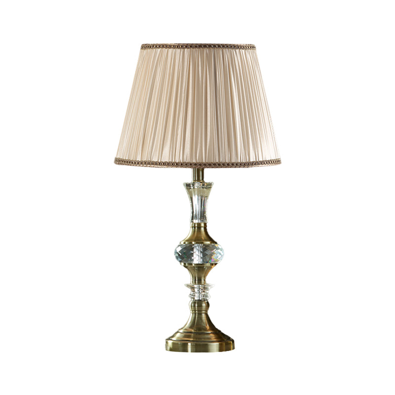 Fabric Beige Night Stand Lamp Tapered Pleated Shade 1 Bulb Traditional Table Light with Crystal Balls Clearhalo 'Lamps' 'Table Lamps' Lighting' 1503233
