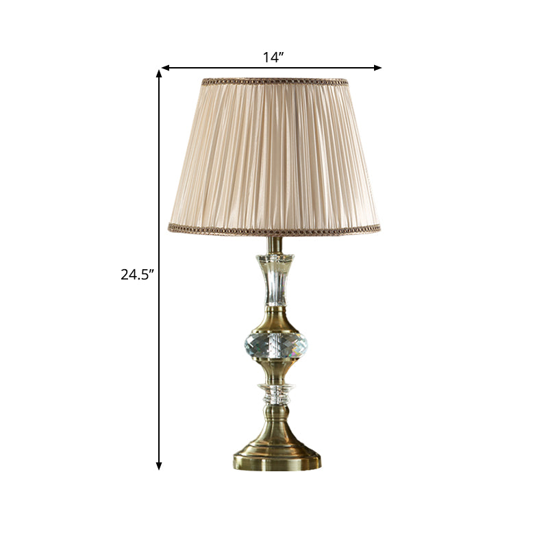 Fabric Beige Night Stand Lamp Tapered Pleated Shade 1 Bulb Traditional Table Light with Crystal Balls Clearhalo 'Lamps' 'Table Lamps' Lighting' 1503234
