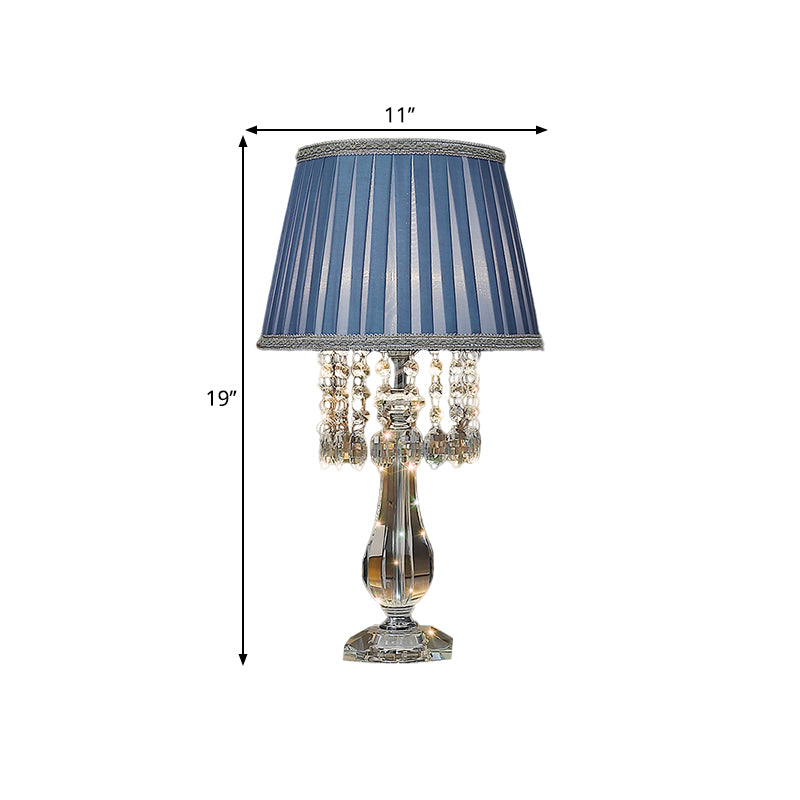 Beige/Burgundy/Sky Blue 1 Bulb Nightstand Lamp Traditional Clear Crystal Beads Bell/Pleated Shade Table Light for Bedroom Clearhalo 'Lamps' 'Table Lamps' Lighting' 1503252