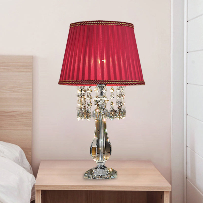 Beige/Burgundy/Sky Blue 1 Bulb Nightstand Lamp Traditional Clear Crystal Beads Bell/Pleated Shade Table Light for Bedroom Burgundy Clearhalo 'Lamps' 'Table Lamps' Lighting' 1503253