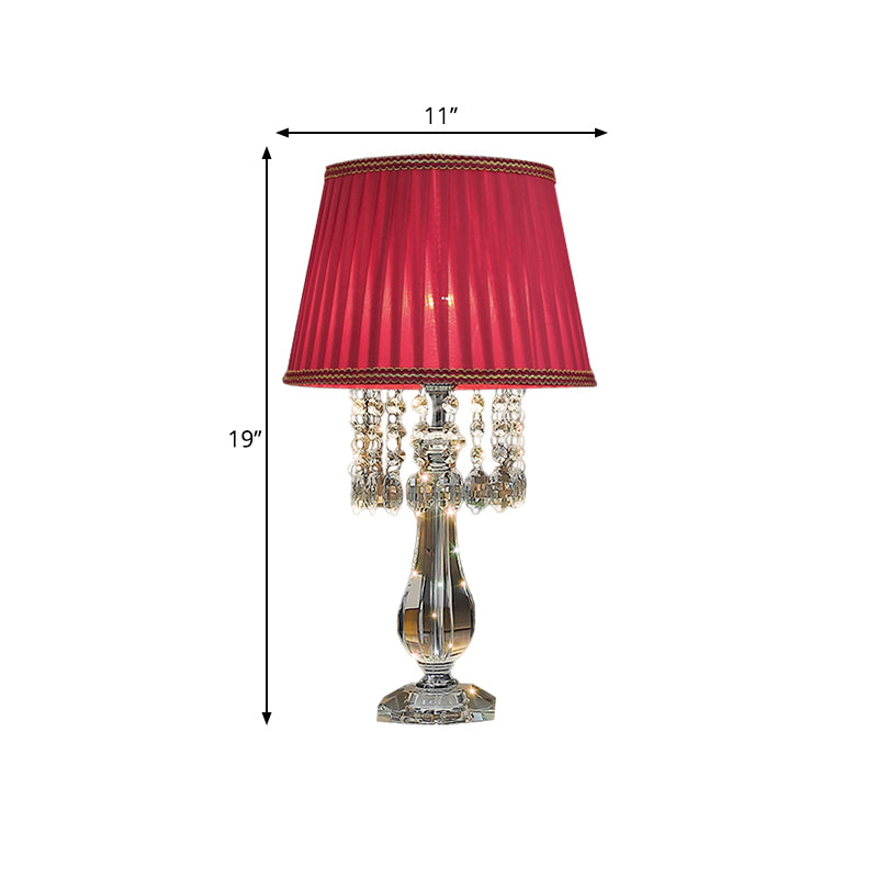 Beige/Burgundy/Sky Blue 1 Bulb Nightstand Lamp Traditional Clear Crystal Beads Bell/Pleated Shade Table Light for Bedroom Clearhalo 'Lamps' 'Table Lamps' Lighting' 1503257