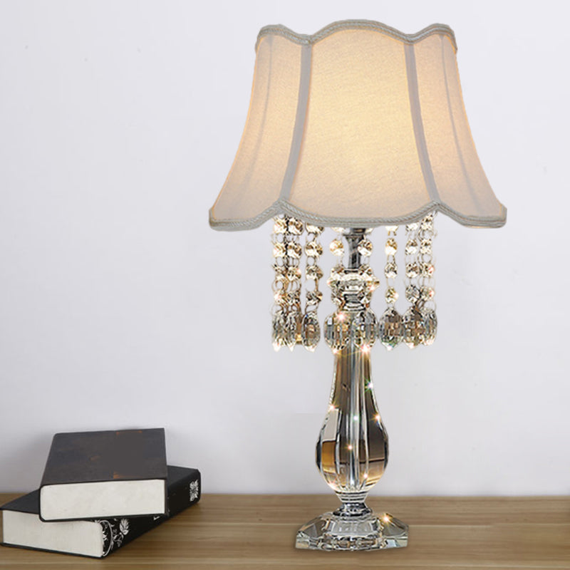 Beige/Burgundy/Sky Blue 1 Bulb Nightstand Lamp Traditional Clear Crystal Beads Bell/Pleated Shade Table Light for Bedroom Clearhalo 'Lamps' 'Table Lamps' Lighting' 1503259