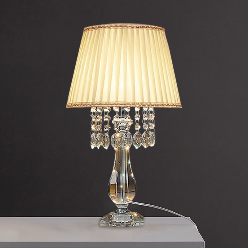 Beige/Burgundy/Sky Blue 1 Bulb Nightstand Lamp Traditional Clear Crystal Beads Bell/Pleated Shade Table Light for Bedroom Clearhalo 'Lamps' 'Table Lamps' Lighting' 1503264