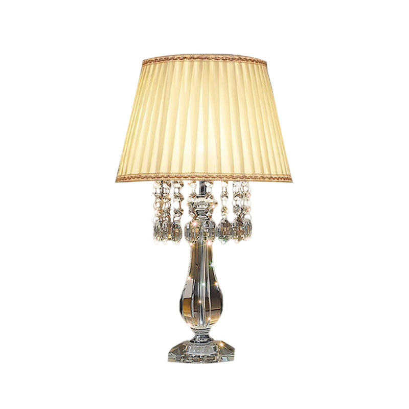 Beige/Burgundy/Sky Blue 1 Bulb Nightstand Lamp Traditional Clear Crystal Beads Bell/Pleated Shade Table Light for Bedroom Clearhalo 'Lamps' 'Table Lamps' Lighting' 1503266