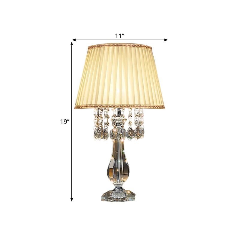 Beige/Burgundy/Sky Blue 1 Bulb Nightstand Lamp Traditional Clear Crystal Beads Bell/Pleated Shade Table Light for Bedroom Clearhalo 'Lamps' 'Table Lamps' Lighting' 1503267