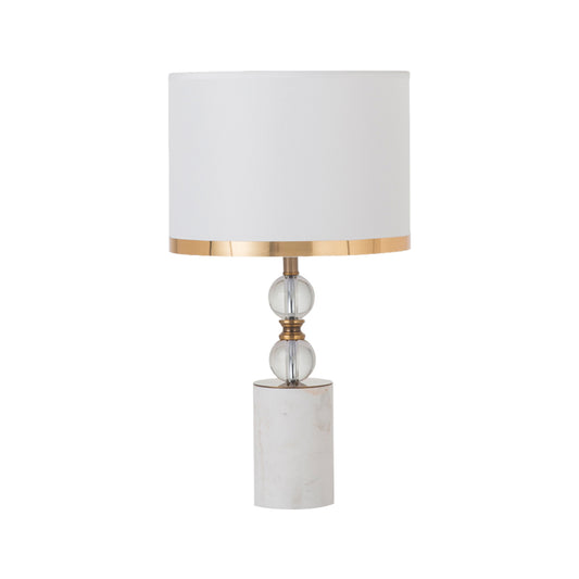 White 1 Head Crystal Table Light Traditional Fabric Cylinder Shade Night Stand Lamp with Marble Base Clearhalo 'Lamps' 'Table Lamps' Lighting' 1503317