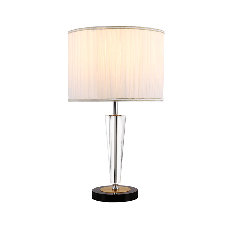 Round Great Room Crystal Nightstand Lamp Traditional Pleated Fabric Drum Shade 1 Head White Table Light Clearhalo 'Lamps' 'Table Lamps' Lighting' 1503343