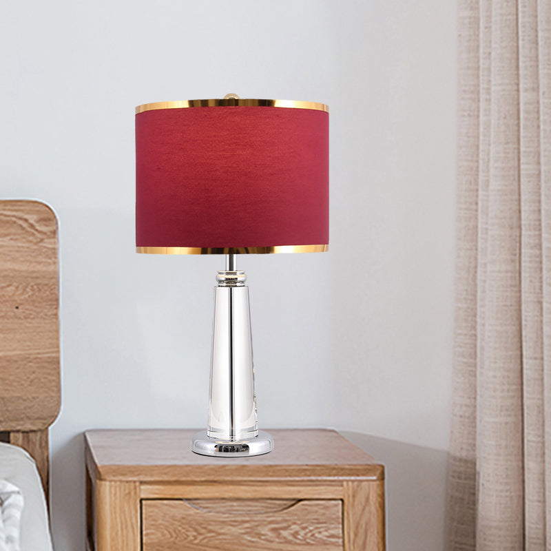 Burgundy Circular Nightstand Lamp Traditional Fabric Shade 1 Bulb Bedchamber Table Light with Crystal Lamp-Post Burgundy Clearhalo 'Lamps' 'Table Lamps' Lighting' 1503357
