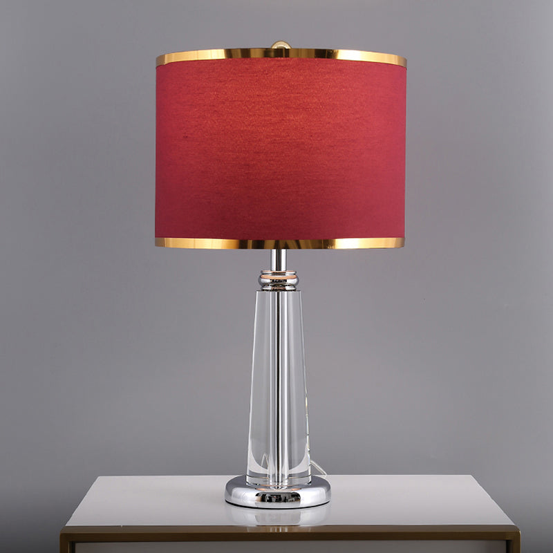 Burgundy Circular Nightstand Lamp Traditional Fabric Shade 1 Bulb Bedchamber Table Light with Crystal Lamp-Post Clearhalo 'Lamps' 'Table Lamps' Lighting' 1503358