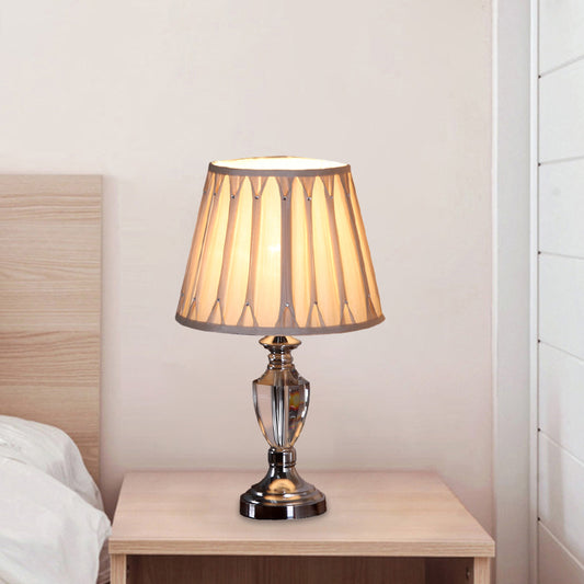 1 Head Barrel Shade Table Light Traditional Beige Pleated Fabric Nightstand Lamp in Chrome with Clear Crystal Base Clear Clearhalo 'Lamps' 'Table Lamps' Lighting' 1503373