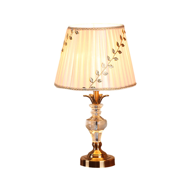 Leaf-and-Vine Patterned Shade Bedroom Table Light Traditional Fabric 1 Bulb White Crystal Night Stand Lamp Clearhalo 'Lamps' 'Table Lamps' Lighting' 1503382