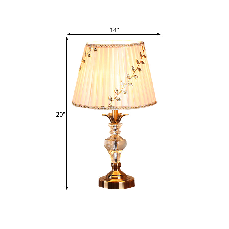 Leaf-and-Vine Patterned Shade Bedroom Table Light Traditional Fabric 1 Bulb White Crystal Night Stand Lamp Clearhalo 'Lamps' 'Table Lamps' Lighting' 1503384