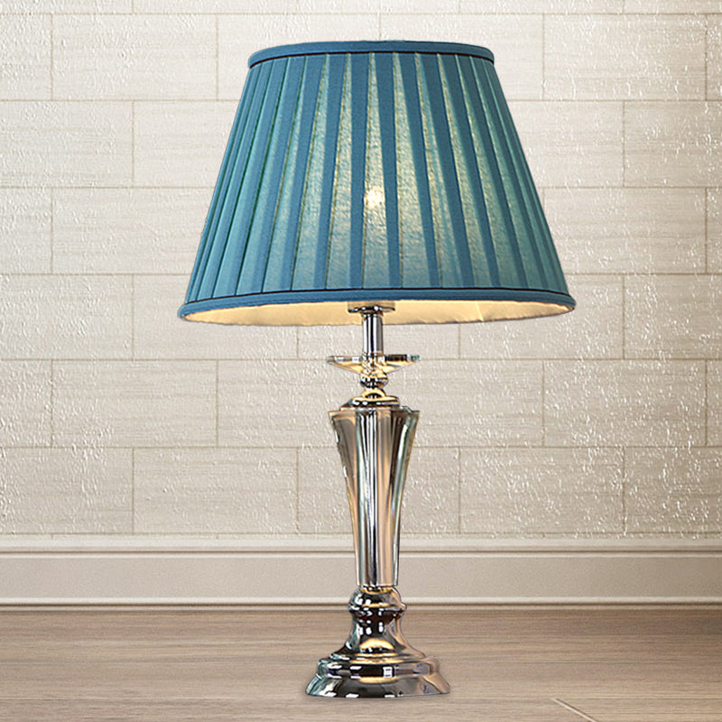 Fabric Blue/White Nightstand Lamp Pleated/Scalloped Shade 1 Head Traditional Crystal Table Light for Bedchamber Blue Clearhalo 'Lamps' 'Table Lamps' Lighting' 1503385