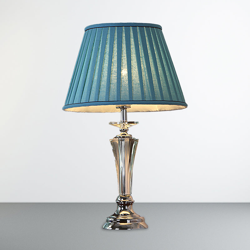 Fabric Blue/White Nightstand Lamp Pleated/Scalloped Shade 1 Head Traditional Crystal Table Light for Bedchamber Clearhalo 'Lamps' 'Table Lamps' Lighting' 1503386