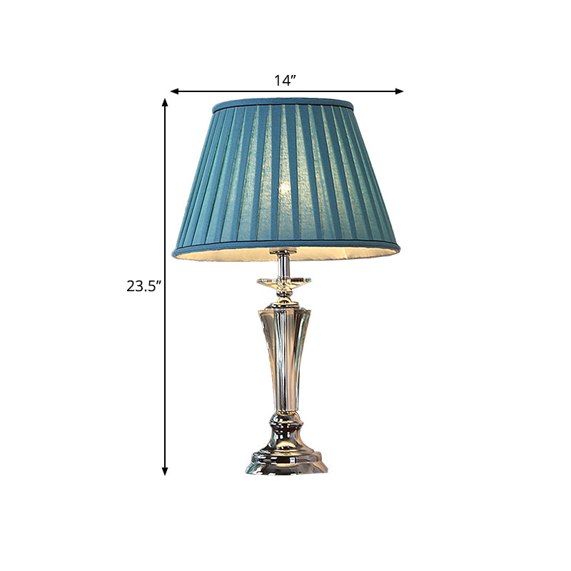 Fabric Blue/White Nightstand Lamp Pleated/Scalloped Shade 1 Head Traditional Crystal Table Light for Bedchamber Clearhalo 'Lamps' 'Table Lamps' Lighting' 1503388