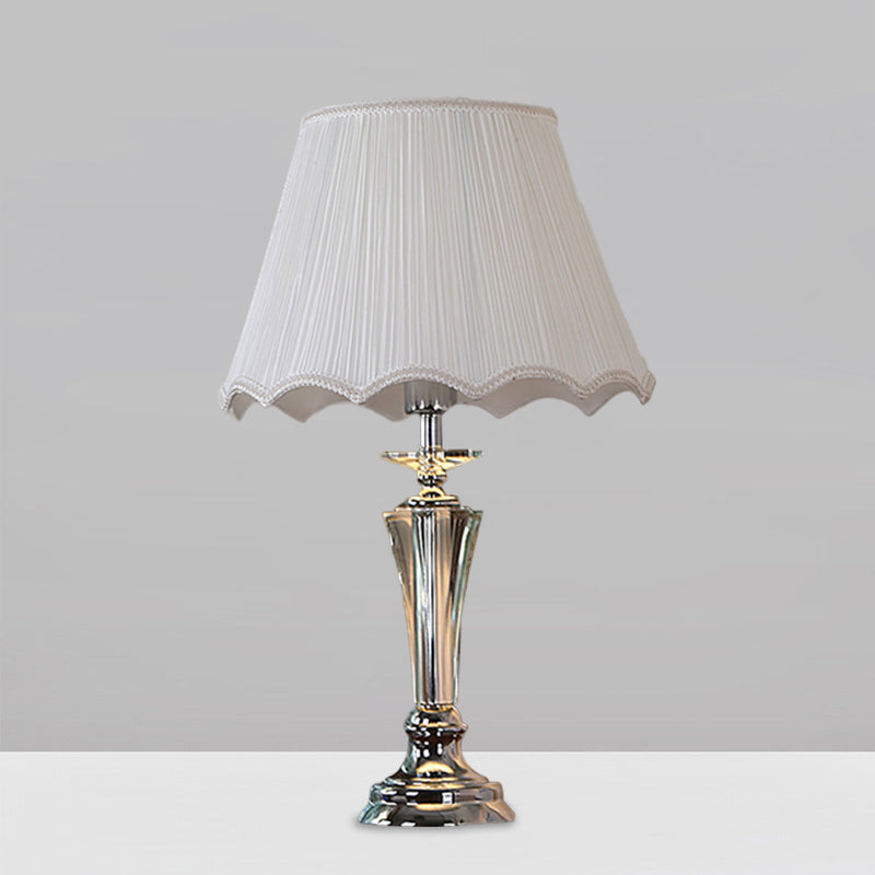Fabric Blue/White Nightstand Lamp Pleated/Scalloped Shade 1 Head Traditional Crystal Table Light for Bedchamber Clearhalo 'Lamps' 'Table Lamps' Lighting' 1503391