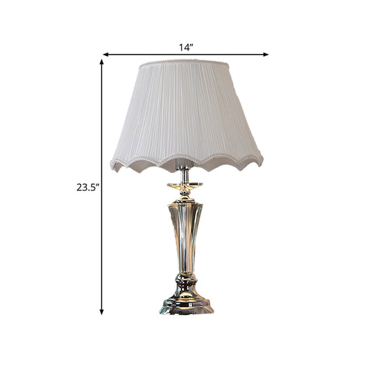 Fabric Blue/White Nightstand Lamp Pleated/Scalloped Shade 1 Head Traditional Crystal Table Light for Bedchamber Clearhalo 'Lamps' 'Table Lamps' Lighting' 1503393