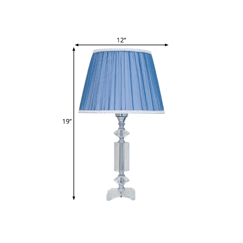 1 Bulb Tapered Pleated Shade Table Light Traditional Blue/Cream Gray/Beige Fabric Night Stand Lamp with Clear Crystal Base Clearhalo 'Lamps' 'Table Lamps' Lighting' 1503397