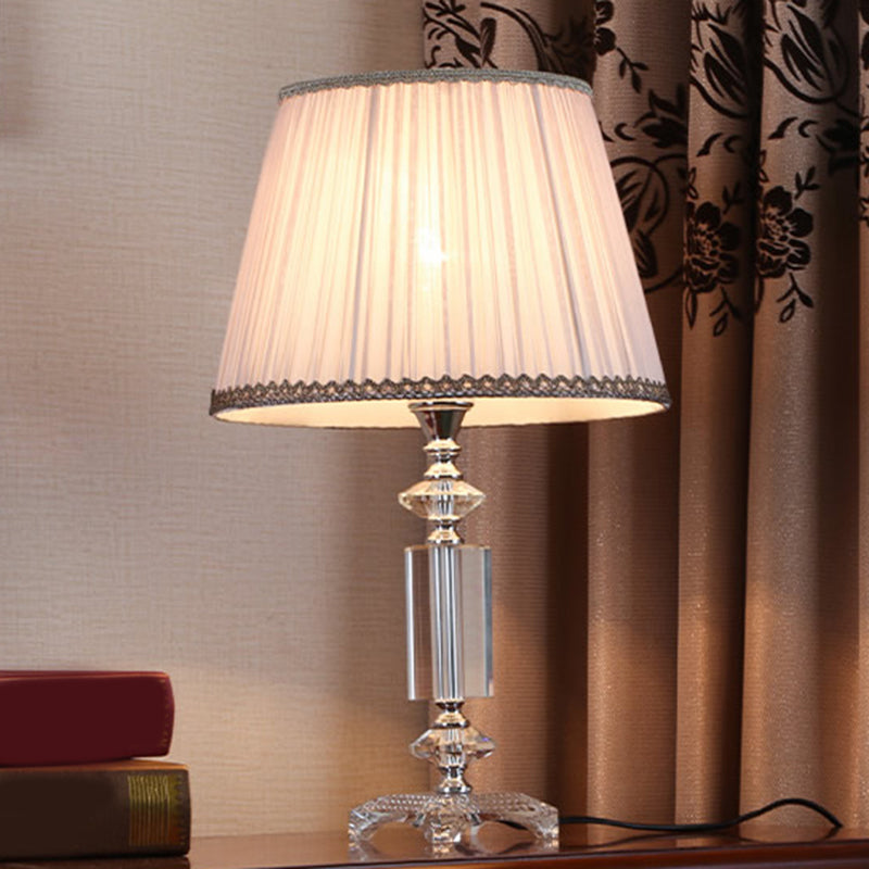 1 Bulb Tapered Pleated Shade Table Light Traditional Blue/Cream Gray/Beige Fabric Night Stand Lamp with Clear Crystal Base Cream Gray Clearhalo 'Lamps' 'Table Lamps' Lighting' 1503398