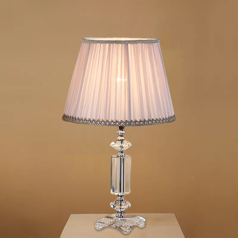 1 Bulb Tapered Pleated Shade Table Light Traditional Blue/Cream Gray/Beige Fabric Night Stand Lamp with Clear Crystal Base Clearhalo 'Lamps' 'Table Lamps' Lighting' 1503400