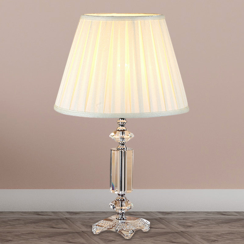 1 Bulb Tapered Pleated Shade Table Light Traditional Blue/Cream Gray/Beige Fabric Night Stand Lamp with Clear Crystal Base Clearhalo 'Lamps' 'Table Lamps' Lighting' 1503404