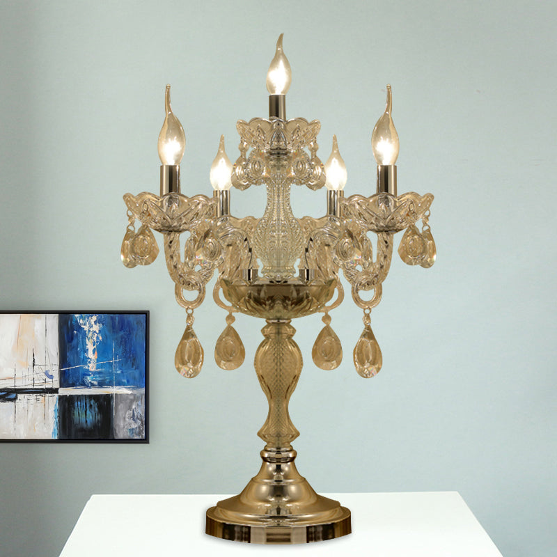 Candelabra Bedroom Table Light Traditional Clear Crystal 5/6/7 Heads Chrome Night Stand Lamp 5.0 Chrome Clearhalo 'Lamps' 'Table Lamps' Lighting' 1503428