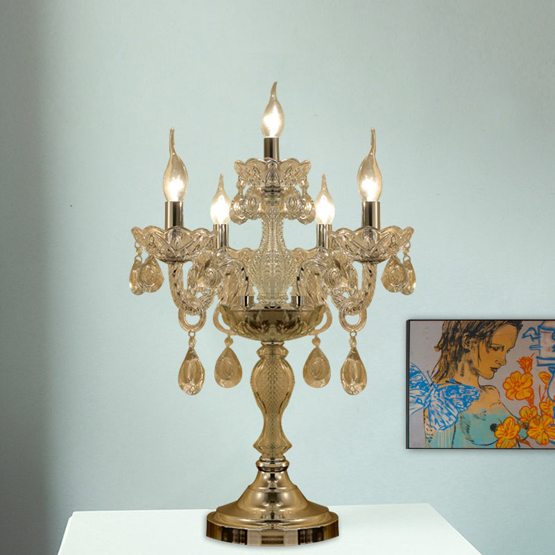 Candelabra Bedroom Table Light Traditional Clear Crystal 5/6/7 Heads Chrome Night Stand Lamp Clearhalo 'Lamps' 'Table Lamps' Lighting' 1503429