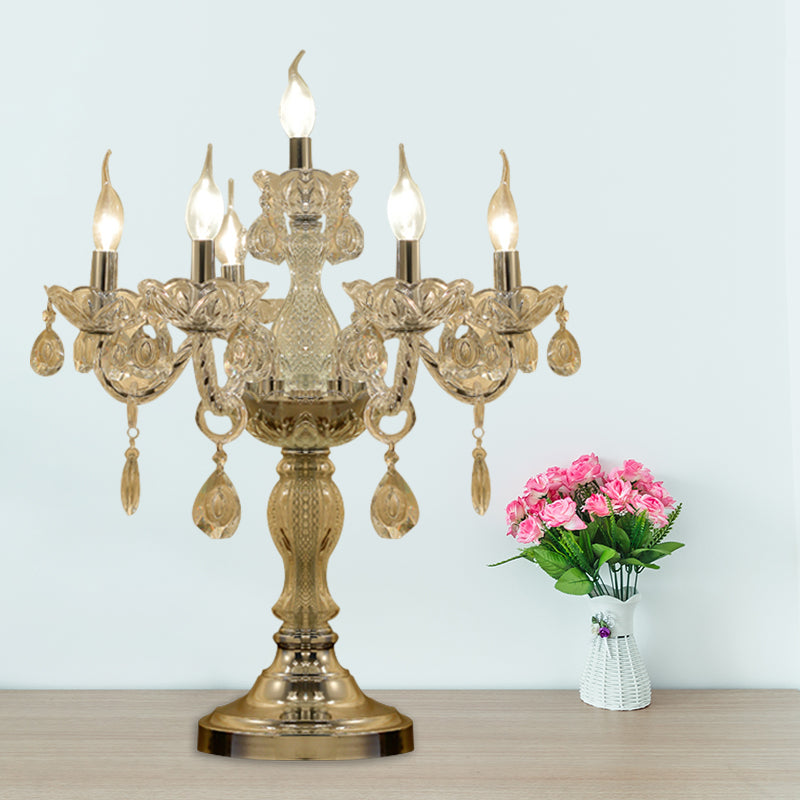 Candelabra Bedroom Table Light Traditional Clear Crystal 5/6/7 Heads Chrome Night Stand Lamp 6.0 Chrome Clearhalo 'Lamps' 'Table Lamps' Lighting' 1503432