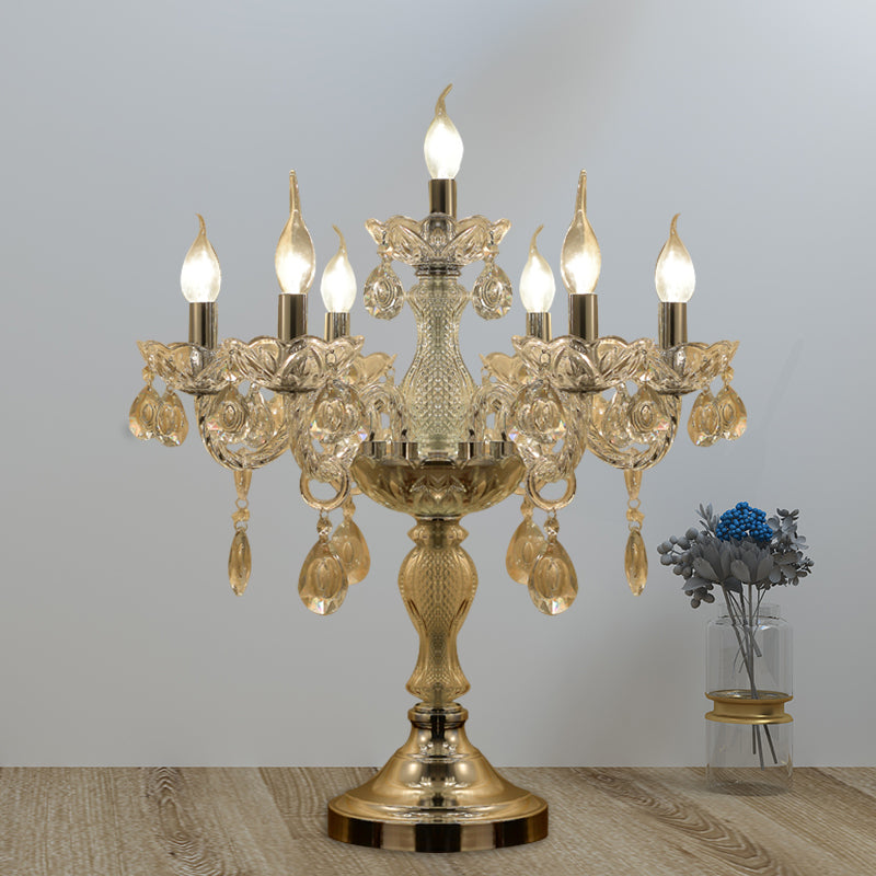 Candelabra Bedroom Table Light Traditional Clear Crystal 5/6/7 Heads Chrome Night Stand Lamp 7.0 Chrome Clearhalo 'Lamps' 'Table Lamps' Lighting' 1503437